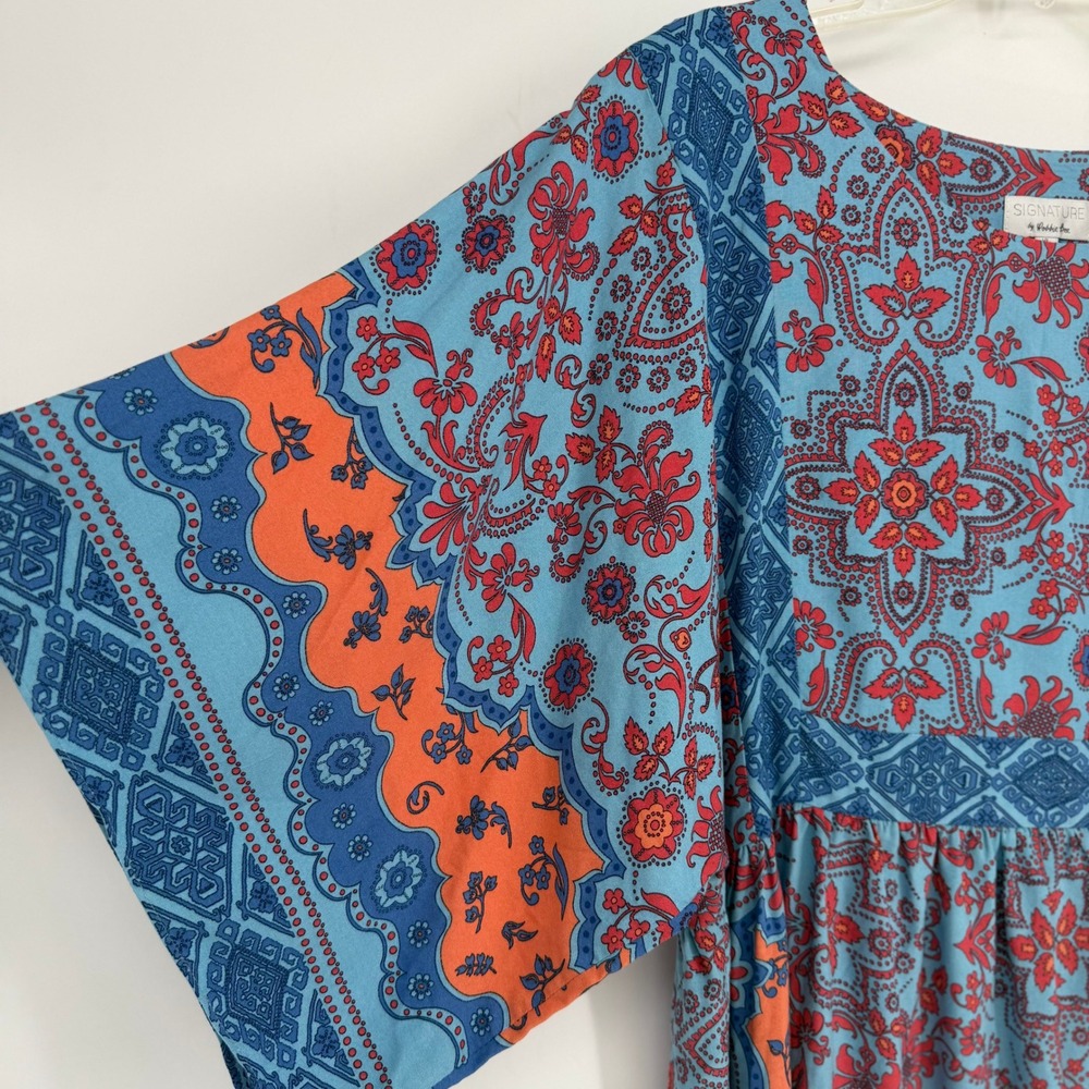 Signature by Robbie Bee Blue Orange Paisley Floral Kimono Sleeve Mini Dress XL - Picture 2 of 13